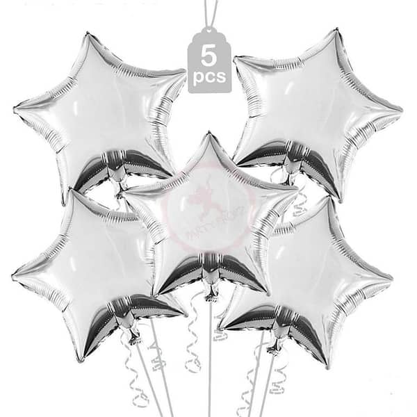 Pack of 5 Silver Star Foil Balloons - 18 Inch Size