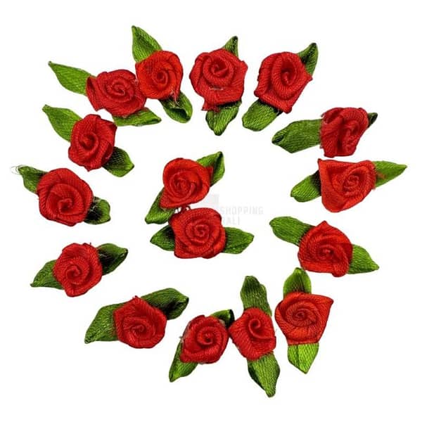 Pack of 65 Red Fabric Roses with Leaves for Sewing - Unisex Embellishments