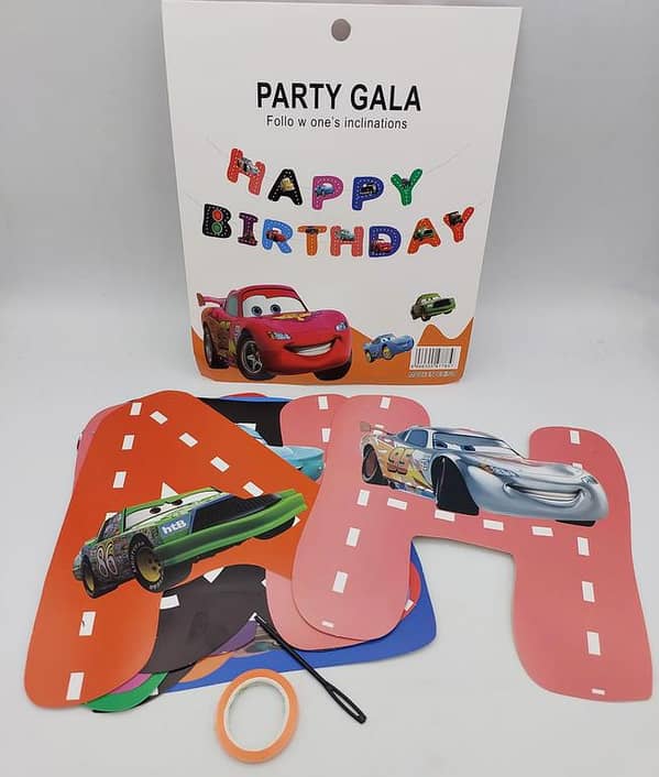 Cars Theme Birthday Banner for Party Decoration - 13 Card Banner with Ribbon Lace