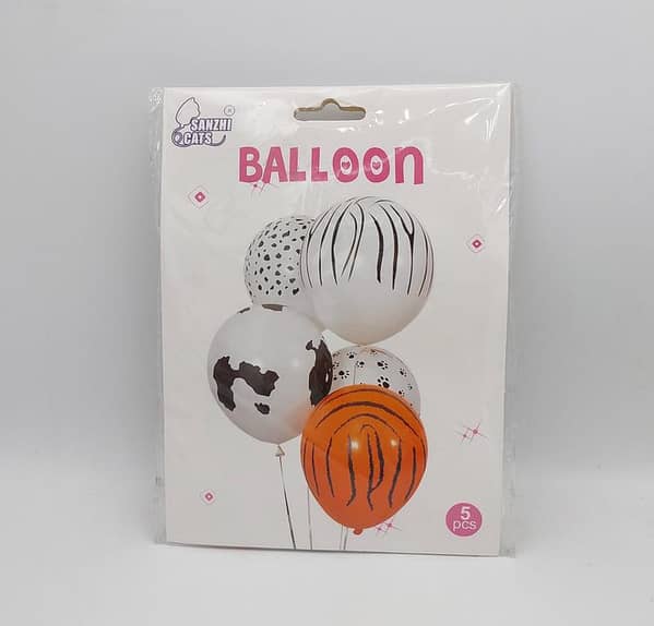 Pack of 5 Jungle Theme Latex Balloons with Cow, Tiger, and Zebra Designs
