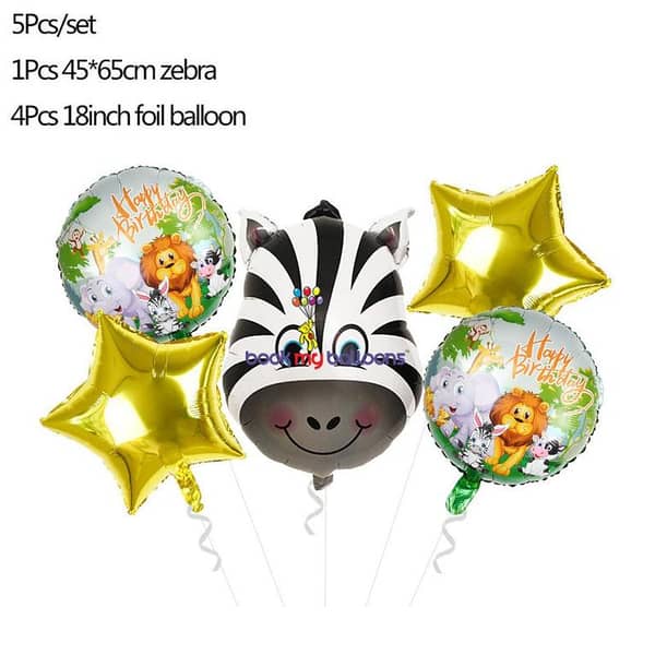 ZEBRA FOIL BALLOON SET - JUNGLE THEME WITH 5 BALLOONS - INCLUDES 1 LARGE AND 4 SMALL BALLOONS