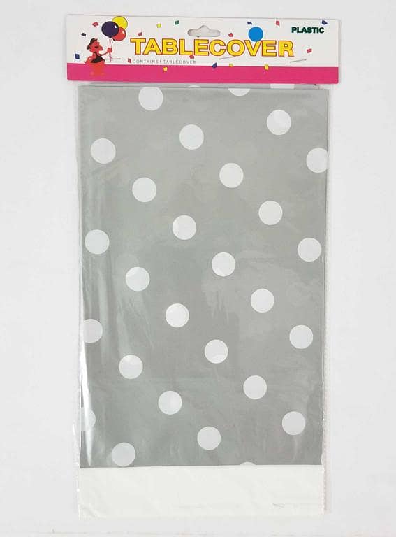 SILVER POLKA DOT TABLE COVER - 108 CM X 180 CM - Ideal for Silver Themed Events
