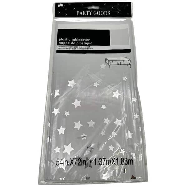 Silver Stars White Table Cover, 72 x 54 Inches