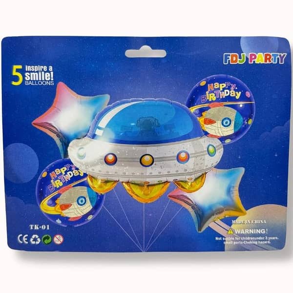 Space Theme Balloon Set with Spaceship and Rockets - 5 Foil Balloons for Birthday Party Decorations