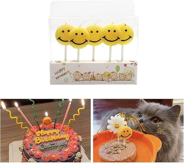 Pack of 5 Smiley Emoji Candles for Themed Cake Decoration
