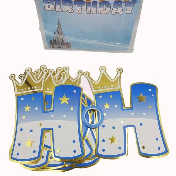 Prince Theme Happy Birthday Card Banner - Blue - Set of 13 with Ribbon
