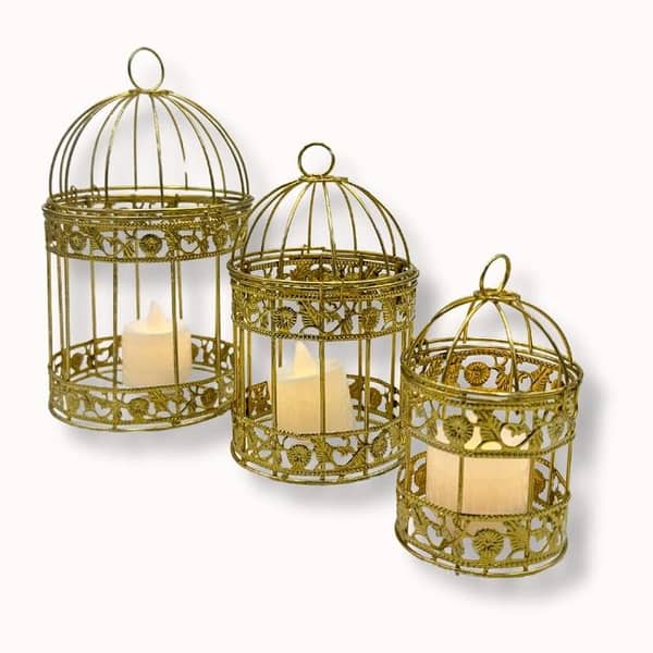 Set of 3 Graduated Chrome Lanterns with LED Candles - Cascading Golden Cages