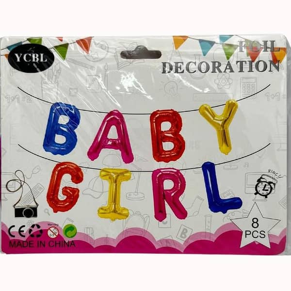 Multicolor Foil Balloons for Baby Girl - Set of 8 with Straw for Decorations