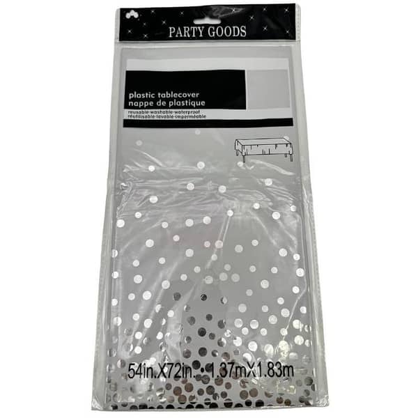 Silver Polka Dot Table Cover by [Brand] - 72 x 54 Inches in White Plastic