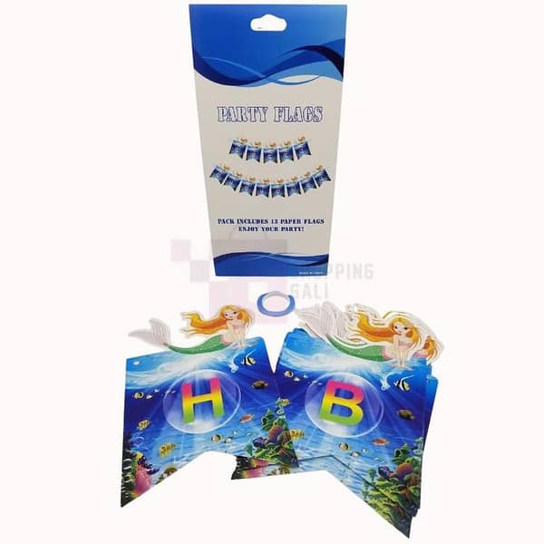 Happy Birthday Banner with Mermaid Theme - Blue Card Chain - Set of 13