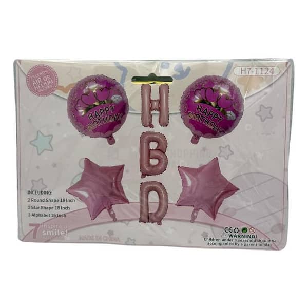 Pink Happy Birthday Foil Balloon Set - 18 Inch - 7 Balloons for Girls' Parties