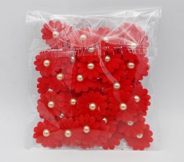 20 Red Velvet Flowers with Faux Pearl Accents
