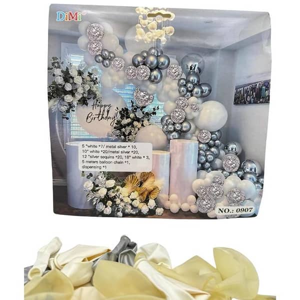 White and Silver Party Balloon Set - Latex and Transparent Balloons with Arch Tape and Double Dot Tape