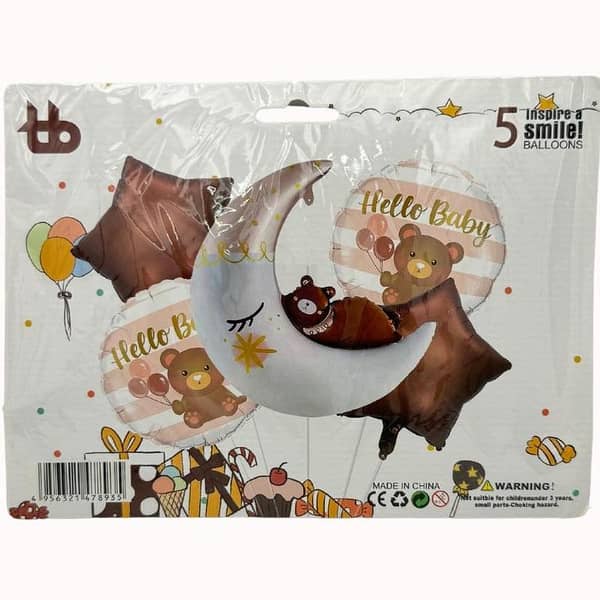 Crescent Teddy Bear Foil Balloon Pack - Set of 5 Balloons for Baby Theme Parties