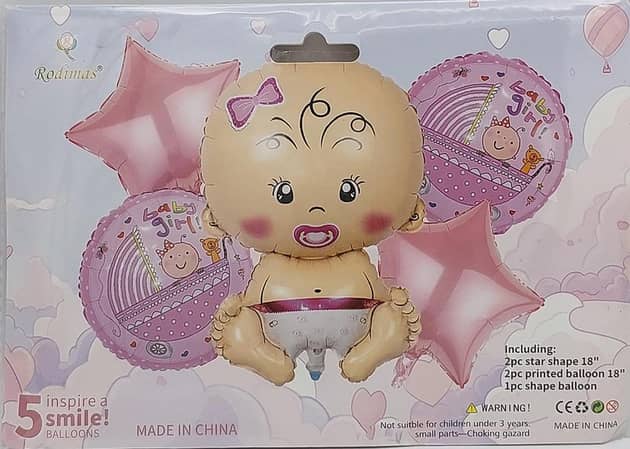 Set of 5 Baby Girl Foil Balloons - Includes 1 Large Balloon and 4 18-Inch Balloons