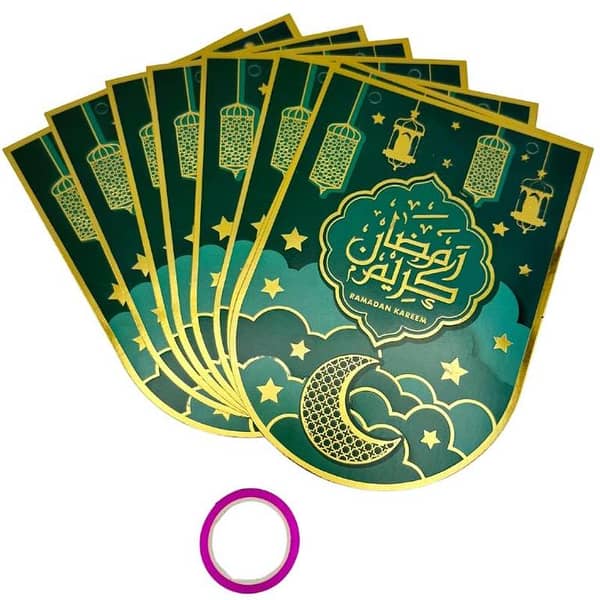 Ramadan Mubarak Card Banner Set with Ribbon Lace - Includes 8 Cards and 1 Ribbon