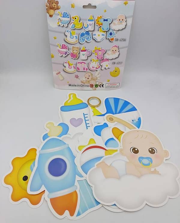 10-Piece Baby Boy Cutout Banner Set with Ribbon for Themed Party Decorations