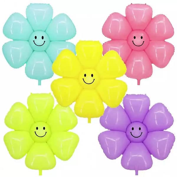 Pack of 5 Multicolor Smiley Face Flower Foil Balloons