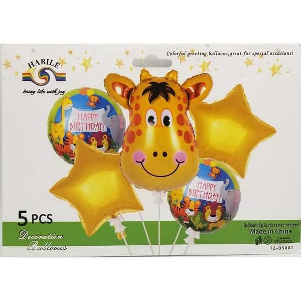 Giraffe Foil Balloon Set - 5 Pack of Jungle Theme Balloons - Includes 25 Inch Giraffe and 4 Additional 18 Inch Balloons