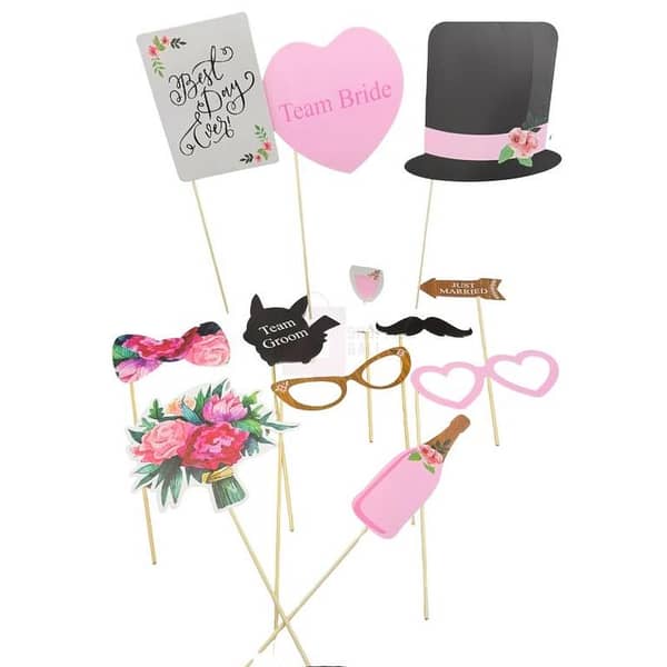 Team Bride and Team Groom Props for Bridal Showers - Pink and Black - 12 Pack