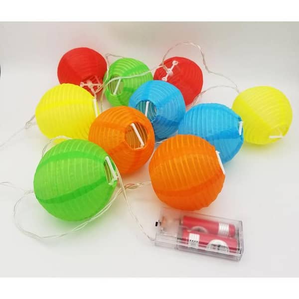 Fairy Light String with 10 Multicolor Paper Lantern Balls - Battery Operated, 76 Inches Long