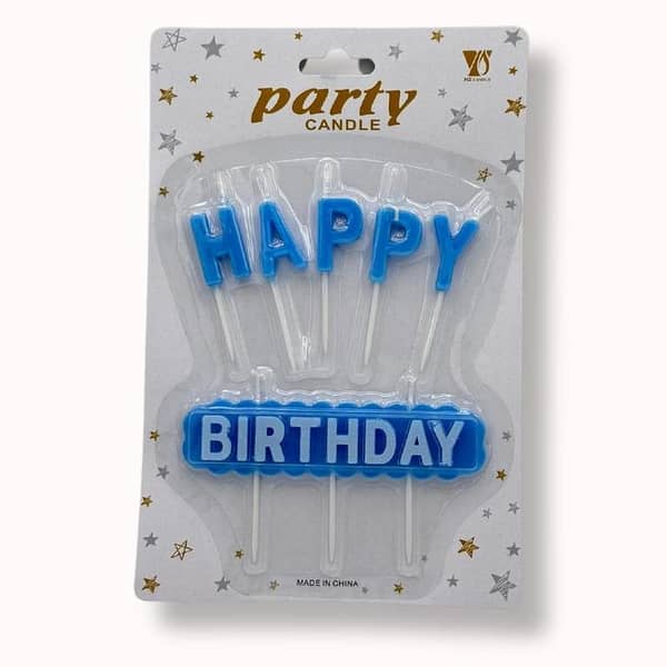 Blue Happy Birthday Candles - Full Set of 6 Cake Decoration Candles with Words