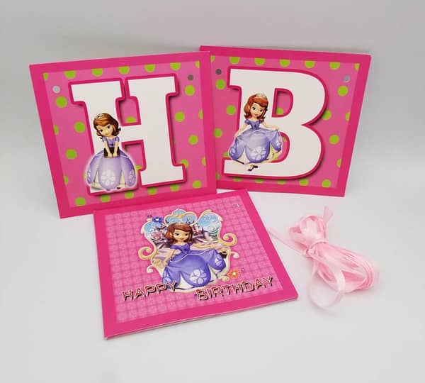 Happy Birthday Banner for Princess Sofia Theme Party - Includes 14 Cards and Ribbon, 70 Inches Long