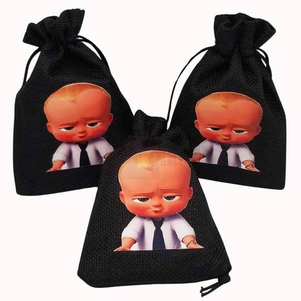 Pack of 5 Boss Baby Jute Bags - 5.5 Inch Height x 4 Inch Width - Black Color