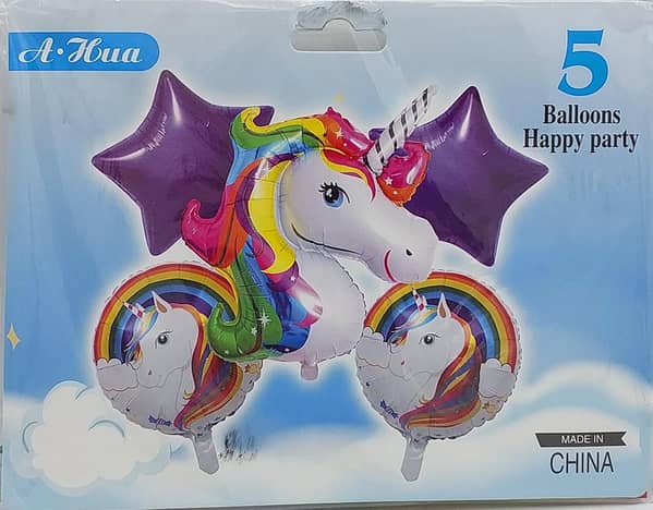 UNICORN FOIL BALLOON SET - 5 BALLOONS INCLUDING 1 UNICORN HEAD, 2 PINK STARS, AND 2 ROUND UNICORN BALLOONS