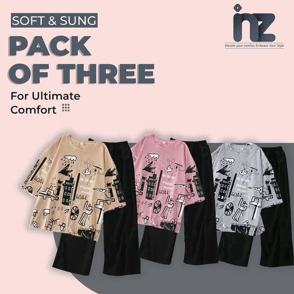 Set of 3 Oversized Women's T-Shirts and Trousers with Meow Print for Comfort and Relaxation