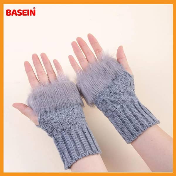 BASEIN Women's Fingerless Plush Knitted Gloves for Winter - Warm Half Finger Mittens
