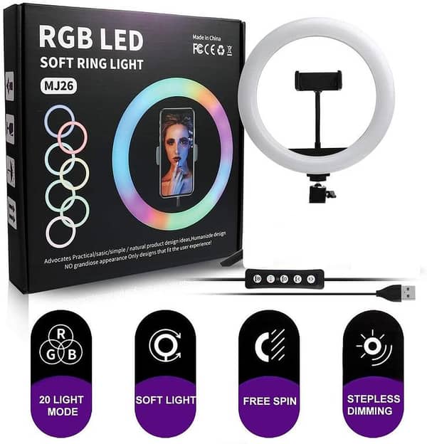 MJ26 10-Inch RGB LED Ring Light with Phone Holder for Video, Studio and TikTok Use