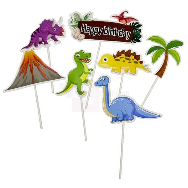 Green Dinosaur Cake Toppers - Set of 6 Unisex Decorations for Cakes and Cupcakes