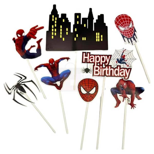 Spiderman Cake Toppers - Set of 8 - Red Color - Boys' Party Theme Decorations