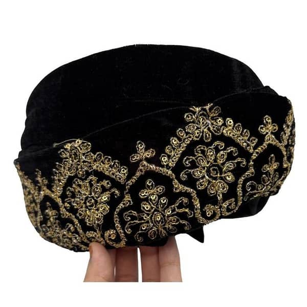 Gold Embroidered Black Velvet Kulla Turban for Boys - Single Pack - Wedding and Cultural Events
