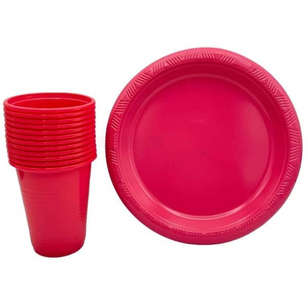Pack of 10 Dark Pink Plastic Plates and Cups - 7 Inch Tableware Set