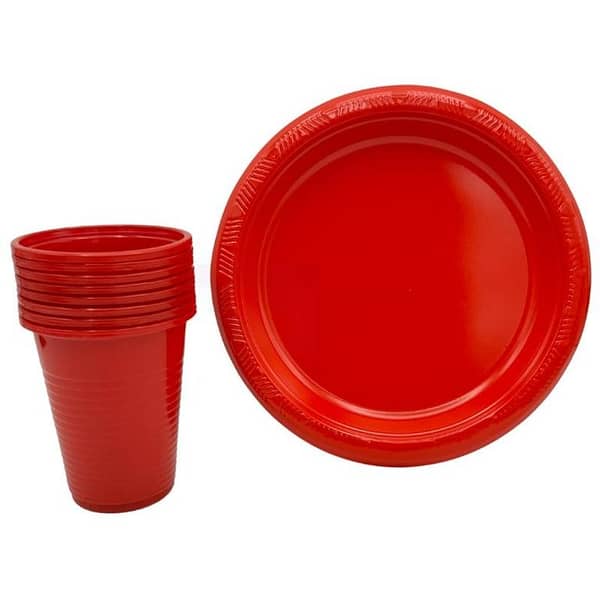 Set of 10 Red Plastic Plates and Cups - 7 Inch Dinnerware