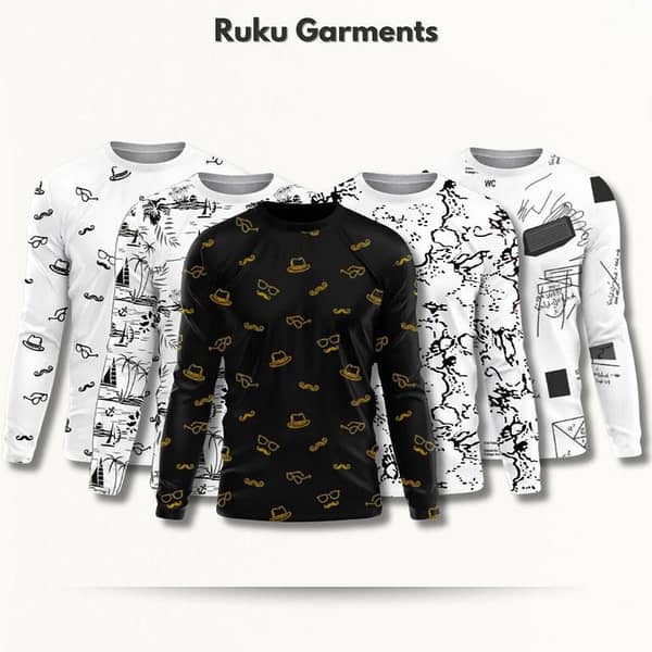 Ruku Garments Set of 5 Full Sleeve Printed Cotton T-Shirts - 100% Breathable Summer Wear