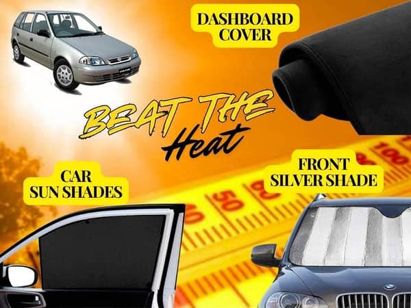 Suzuki Cultus Old Summer Package: Dashboard Cover, Foldable Sun Shades, and Front Silver Shade