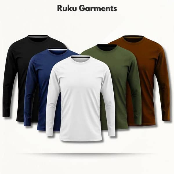 Ruku Garments 5-Pack of Full Sleeve Plain Cotton T-Shirts - 100% Soft and Breathable for Summer