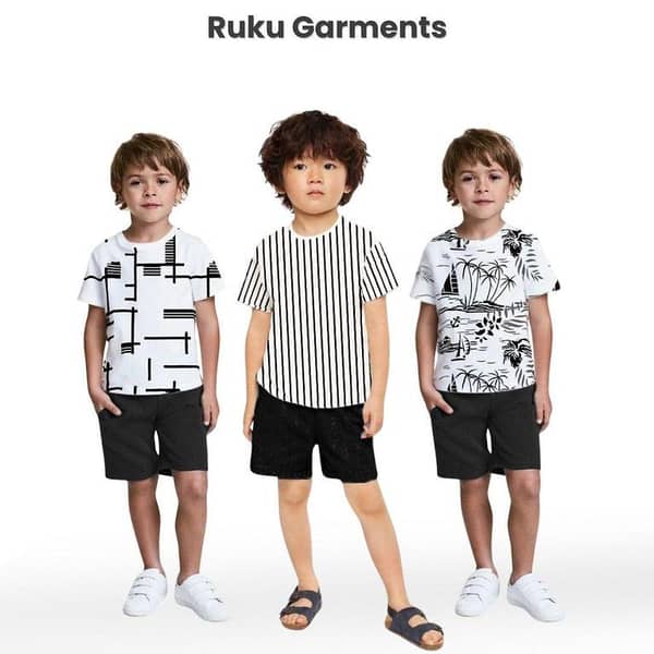 Ruku Garments Kids' Pack of 3 Contrast Tees and Shorts with Allover Prints