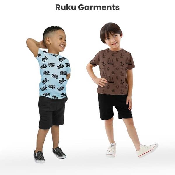Ruku Garments Kids' Summer Set: 2 Allover Printed Tees and Shorts