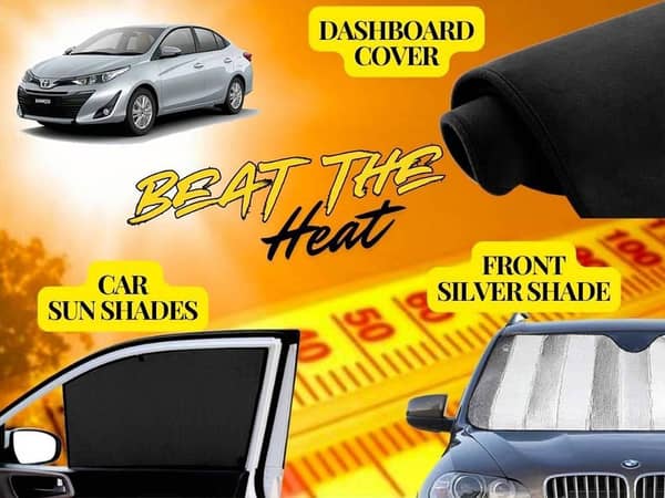 Toyota Yaris Summer Kit: Dashboard Cover, Foldable Sun Shades, and Front Silver Windshield Shade