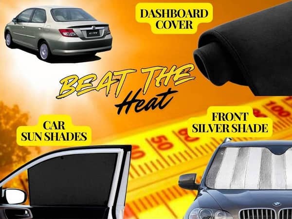 Honda City 2003-2008 Summer Package: Dashboard Cover, Foldable Sun Shades, and Front Silver Windshield Shade