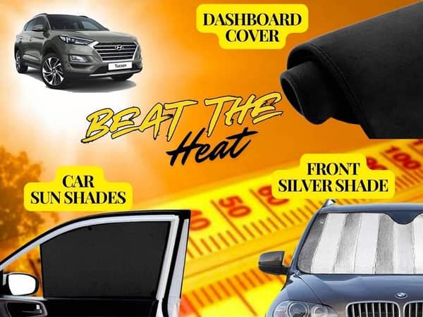 Hyundai Tucson Summer Kit: Dashboard Cover, Foldable Sun Shades, and Front Silver Windshield Shade