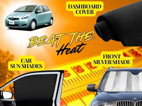 Toyota Vitz Summer Package (2005-2010) | Dashboard Cover, Foldable Sun Shades & Front Silver Shade