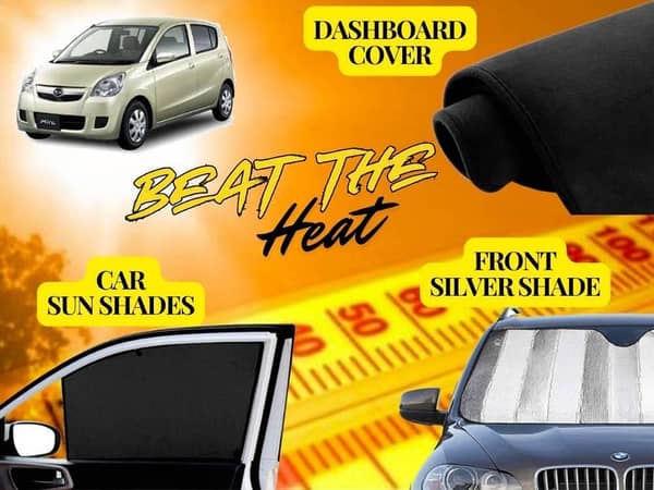 Daihatsu Mira 2012-2016 Summer Package: Dashboard Cover, Foldable Sun Shades, and Front Silver Shade