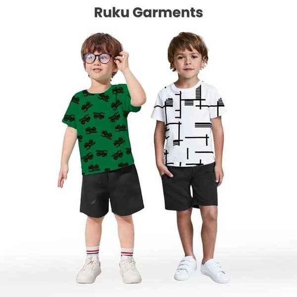 Ruku Garments Kids' Pack of 2 Contrast Tees and Shorts with Allover Print