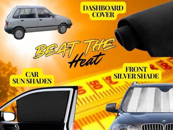 Suzuki Khyber Summer Package: Dashboard Cover, Foldable Sun Shades, and Front Silver Windscreen Shade