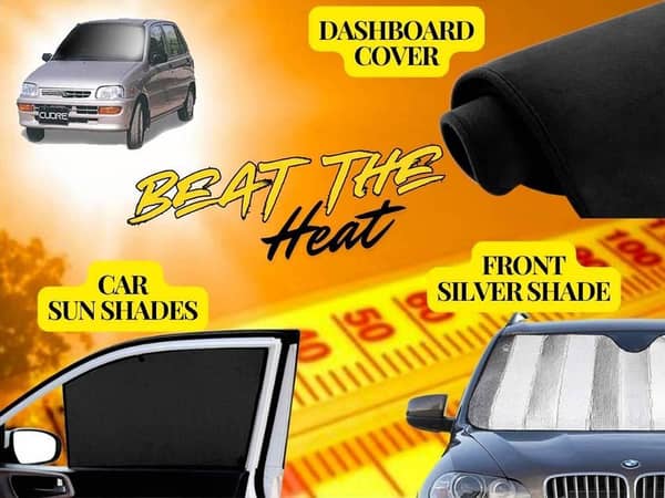 Daihatsu Cuore Summer Package: Foldable Sun Shades, Front Windscreen Silver Shade, and Dashboard Cover